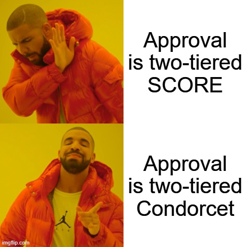 Drake: Approval is not two-tiered score, but two-tiered Condorcet