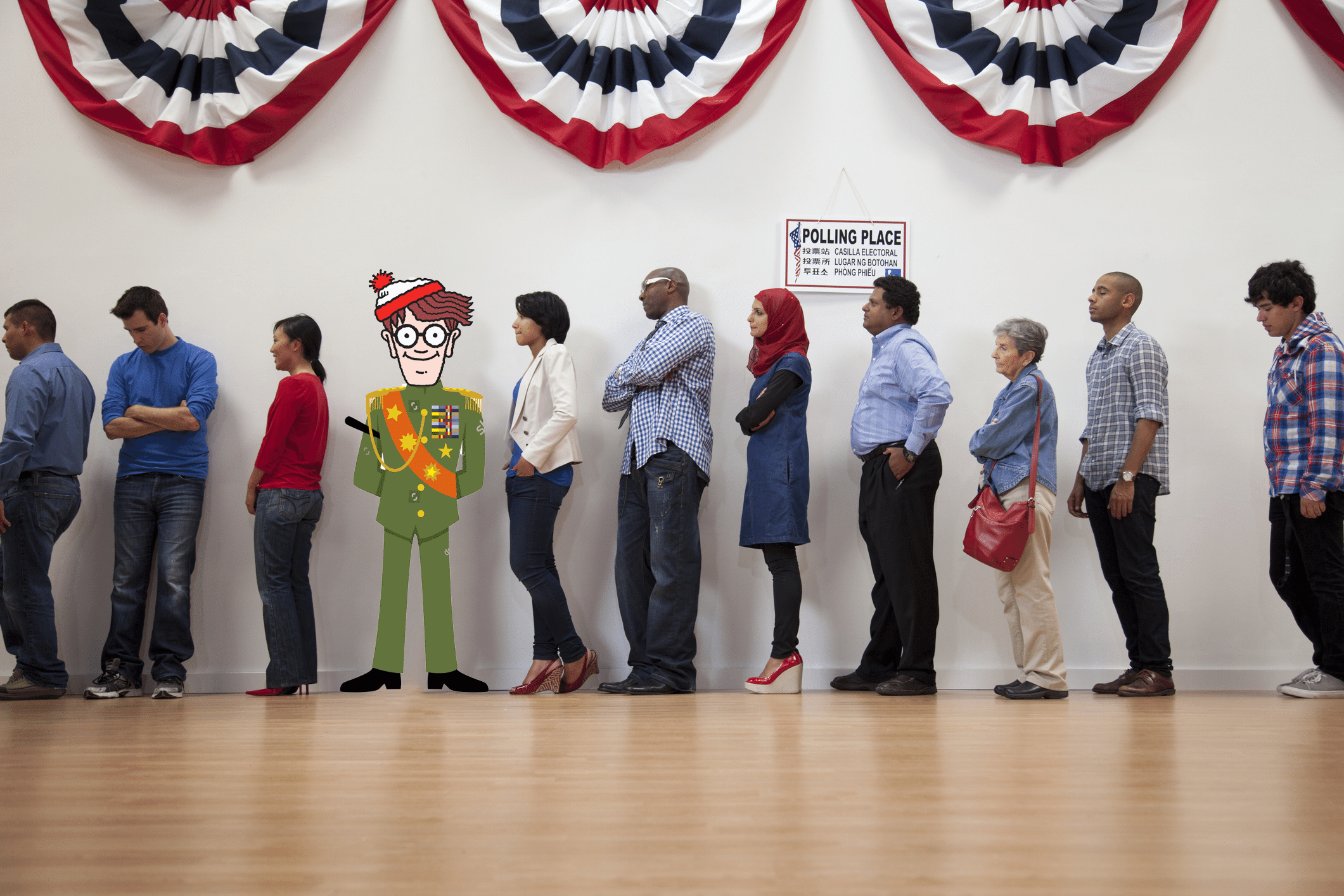 Our glorious leader, Dictator Waldo, standing in line to vote